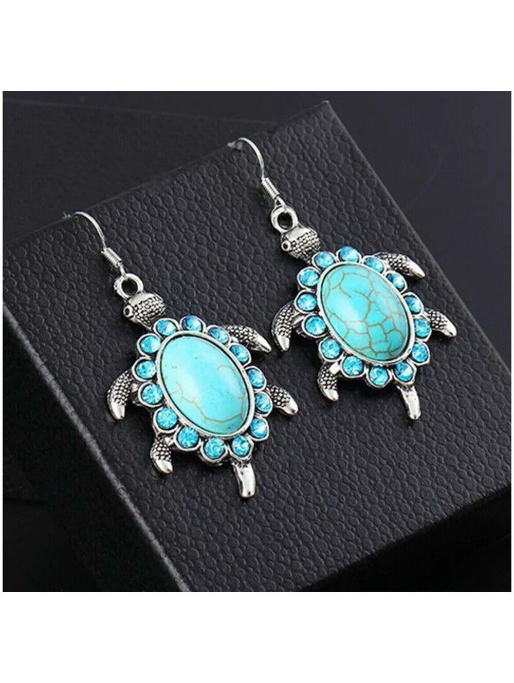 Boho  Silver Sea Turtle Vintage Turquoise Dangle Drop Hook Earrings